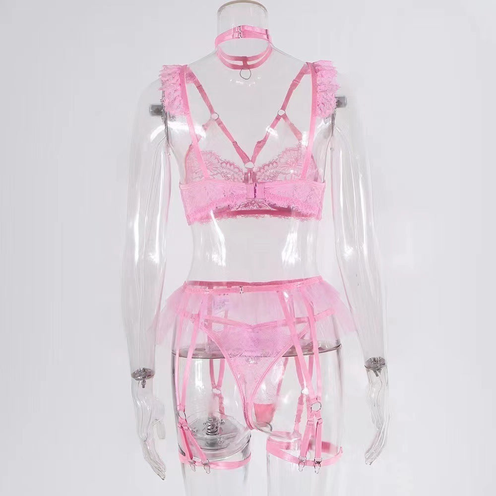 Lace Embroidered Garter Suit - Backless Hollow Intimate Wear