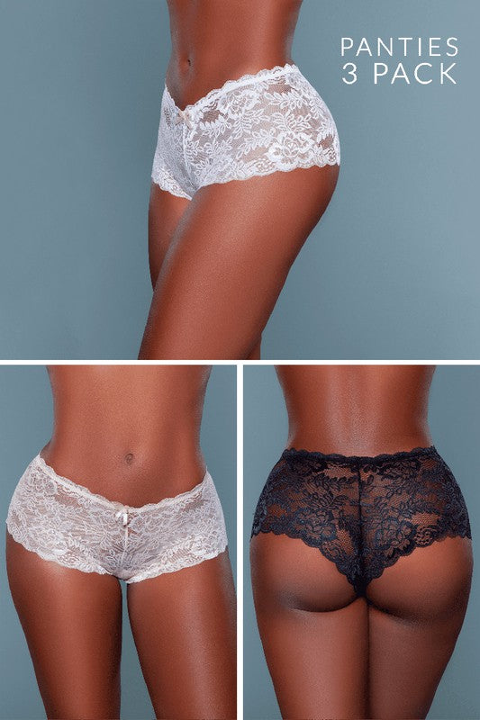 High Rise Floral Lace 3 Pack Boyshort Briefs