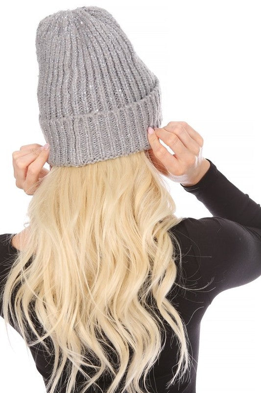 Solid Color Knitted Sequin Beanie Hat