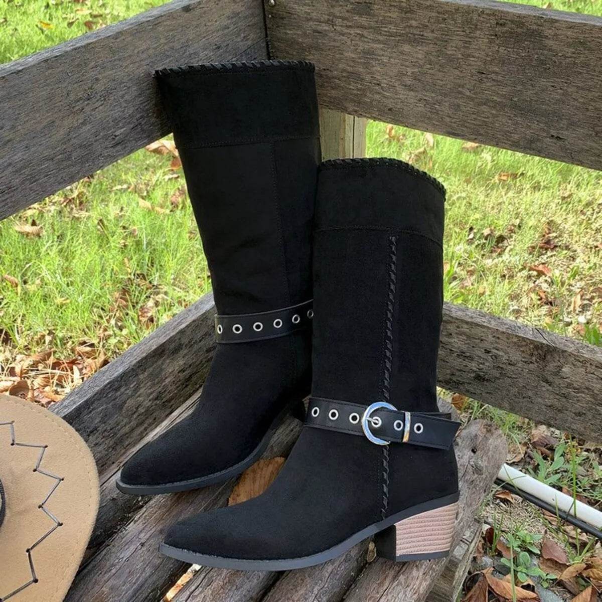 Point Toe Block Heels Boots - Mid Heel Ankle Boots - Fashions Envy