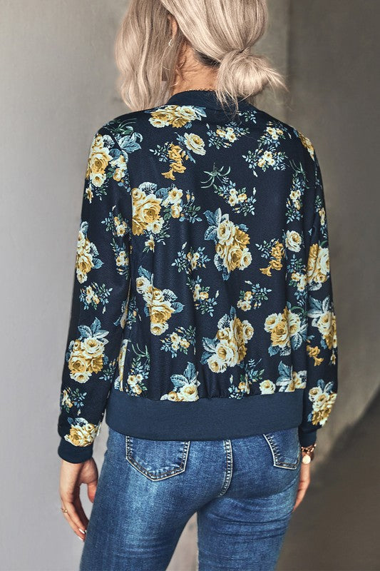 Zipper Up Hip Length Long Sleeve Print Jacket