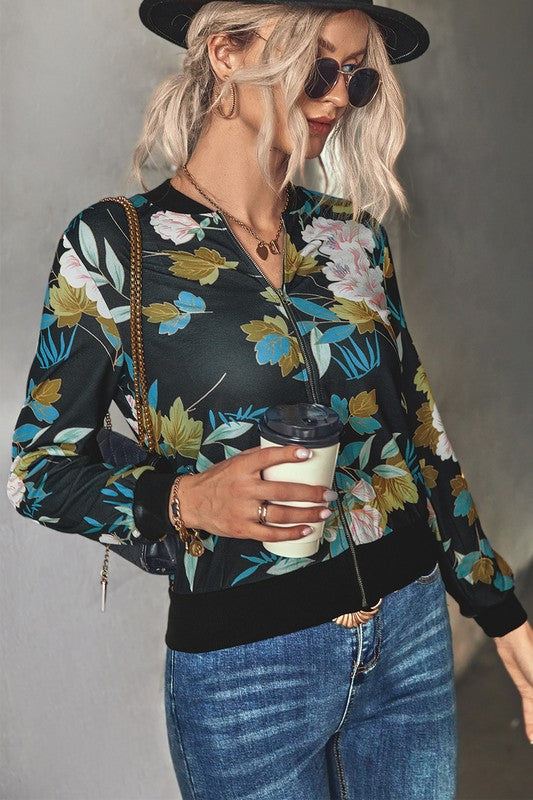 Zipper Up Hip Length Long Sleeve Print Jacket