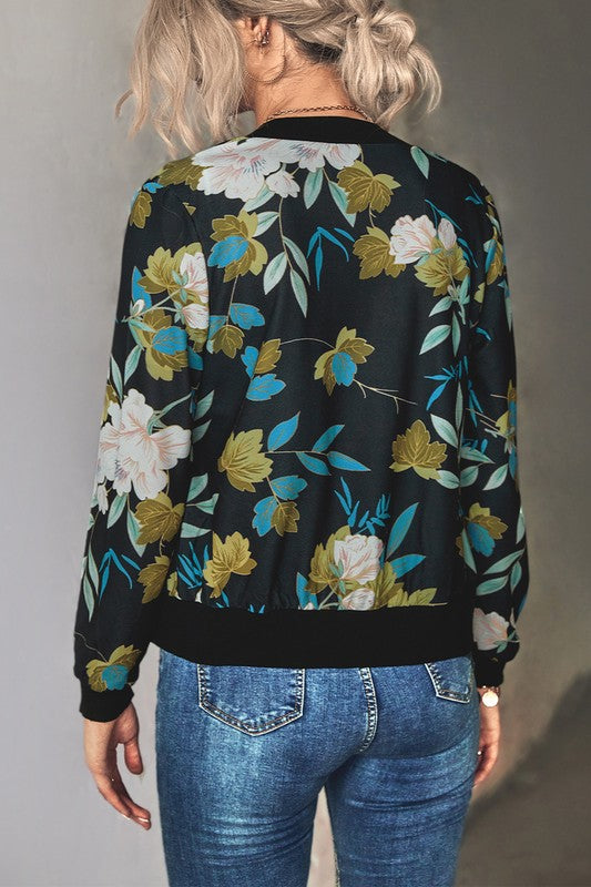Zipper Up Hip Length Long Sleeve Print Jacket