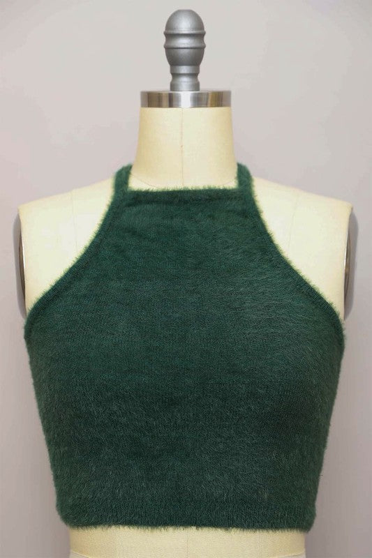 Fuzzy Sweater Halter Cropped Cami Top