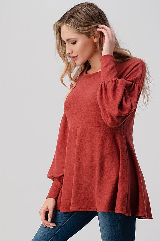 Long Sleeve Round Neck Soft Knit Babydoll Top