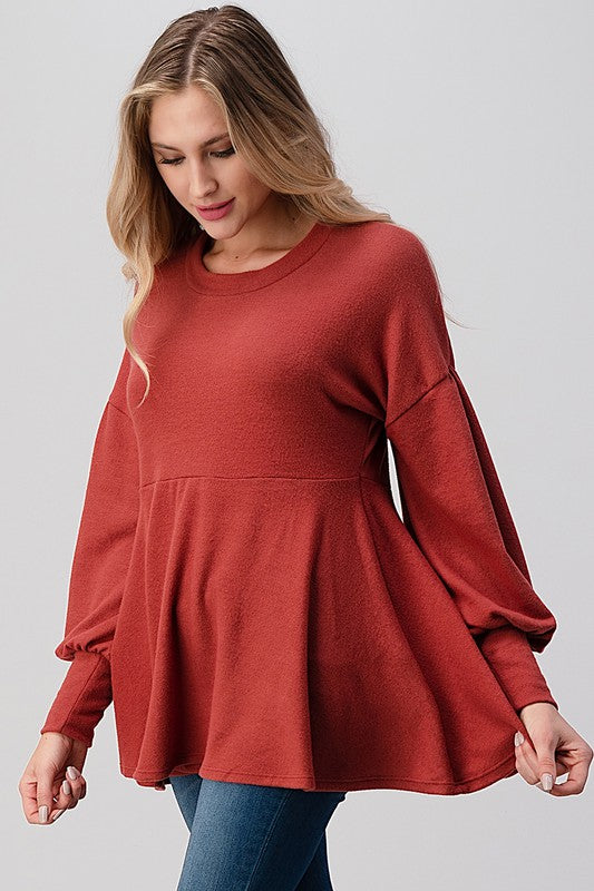 Long Sleeve Round Neck Soft Knit Babydoll Top