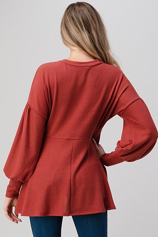 Long Sleeve Round Neck Soft Knit Babydoll Top