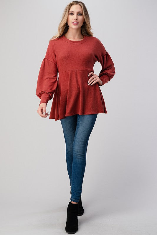 Long Sleeve Round Neck Soft Knit Babydoll Top