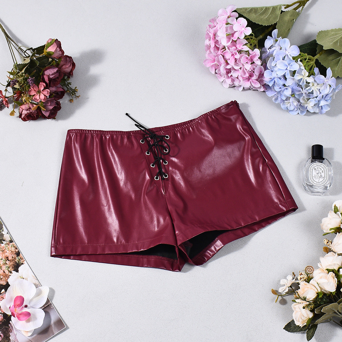 Leather Shorts - Burgundy Low Waist Strap Detail Party