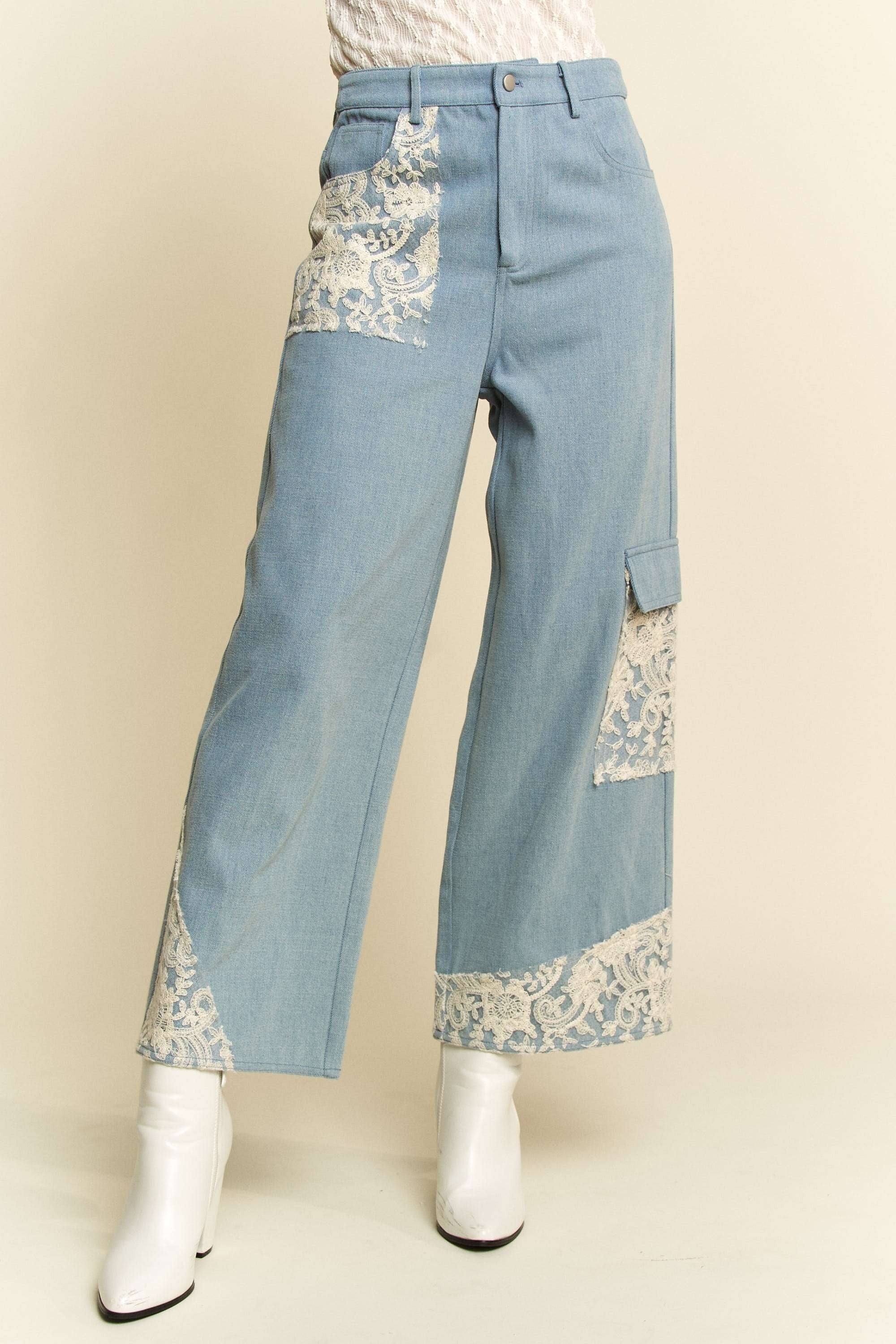 Light Denim Lace Applique Wide Leg Jeans