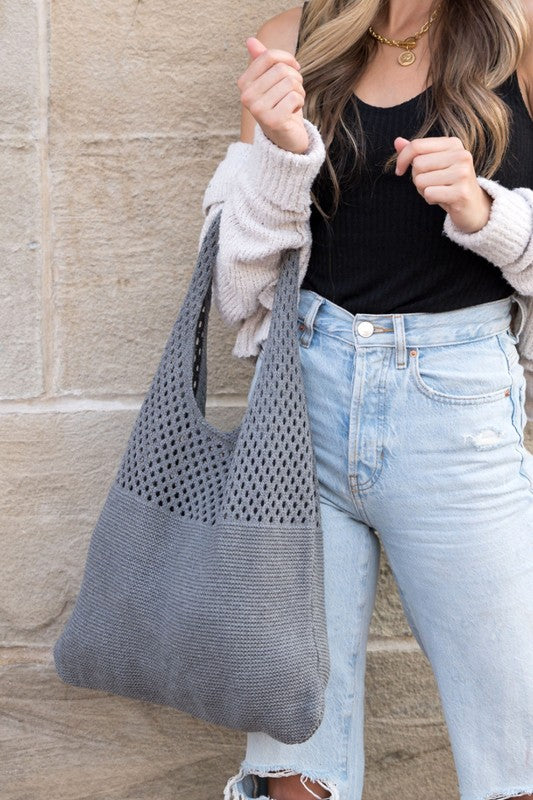 Woven Detail Soft Solid Knit Hobo Bag