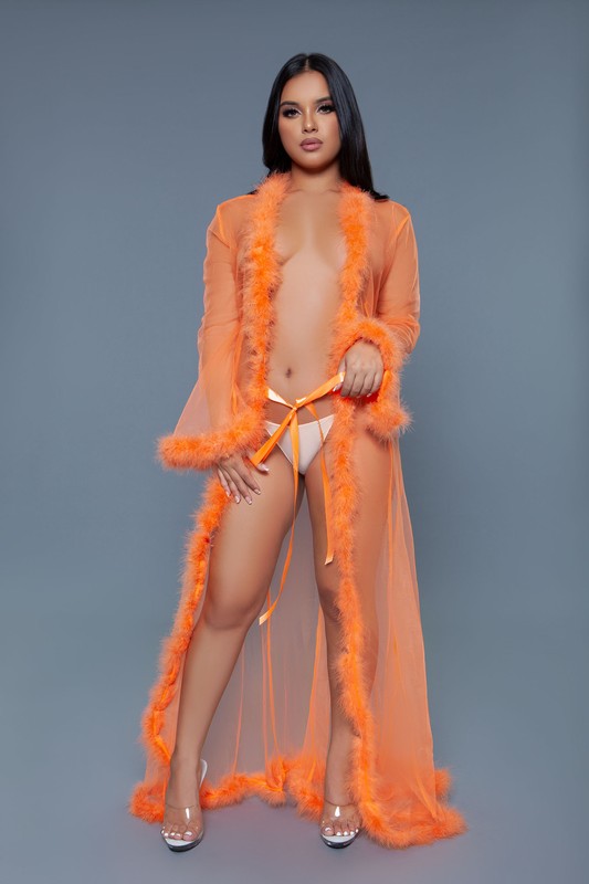 Full-length Faux Fur Trim Marabou Robe