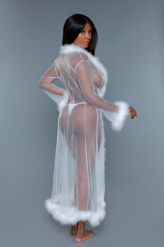 Full-length Faux Fur Trim Marabou Robe