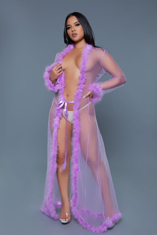Full-length Faux Fur Trim Marabou Robe