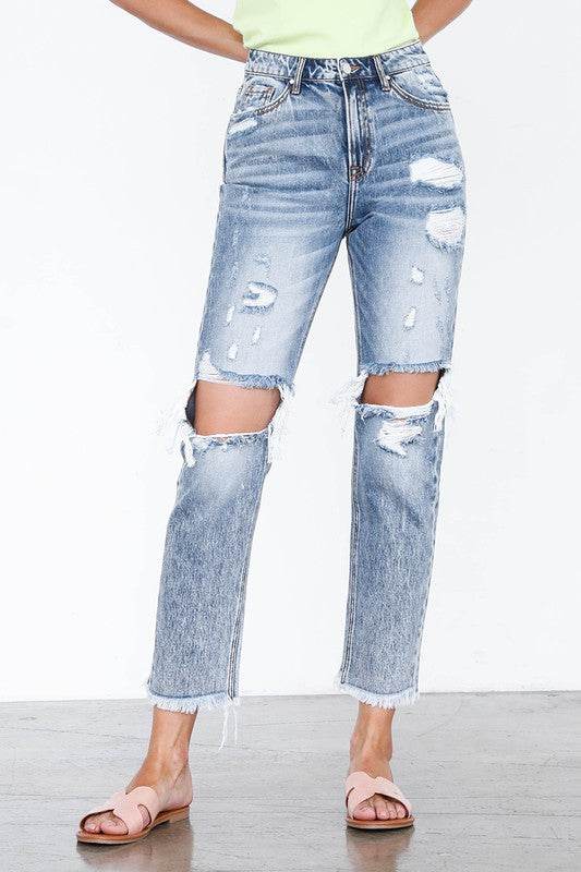 High Rise Straight Jeans - Light Wash Cropped Denim - Fashions Envy