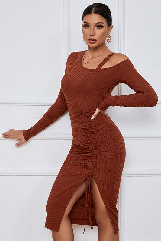 One Shoulder Cut Out Long Sleeve Midi Dress