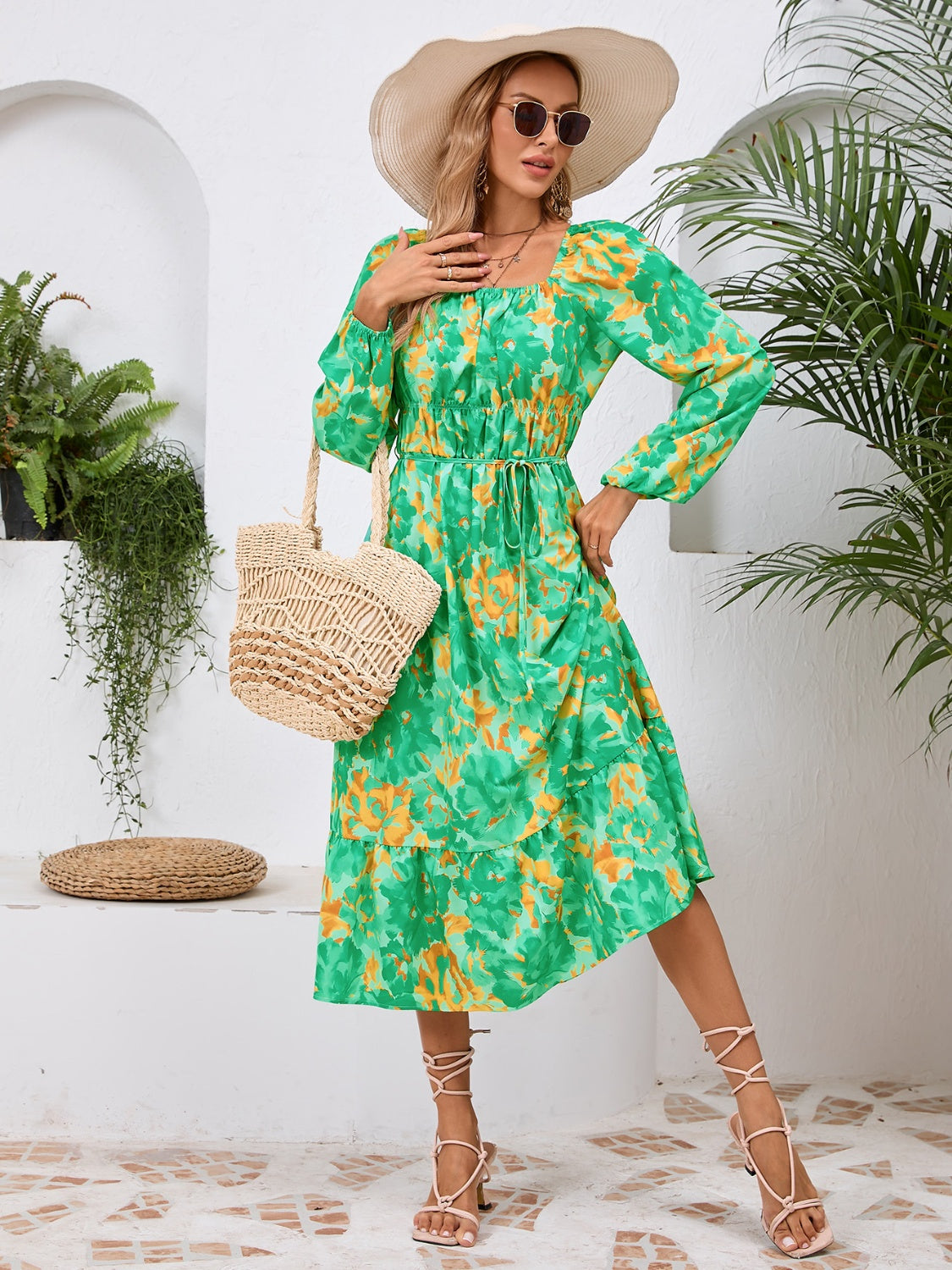 Floral Printed Long Sleeve Midi Dress