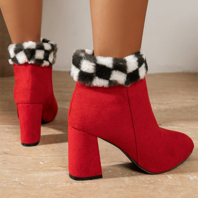 Plaid Ankle Boots - Furry Lined Square Heel Winter Boots