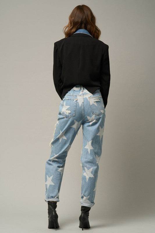 Star Print Slouch Jeans - Light Wash Distressed Denim - Fashions Envy