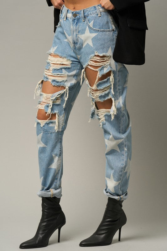 Light Wash With Stars Heavy Distress Slouch Jeans
