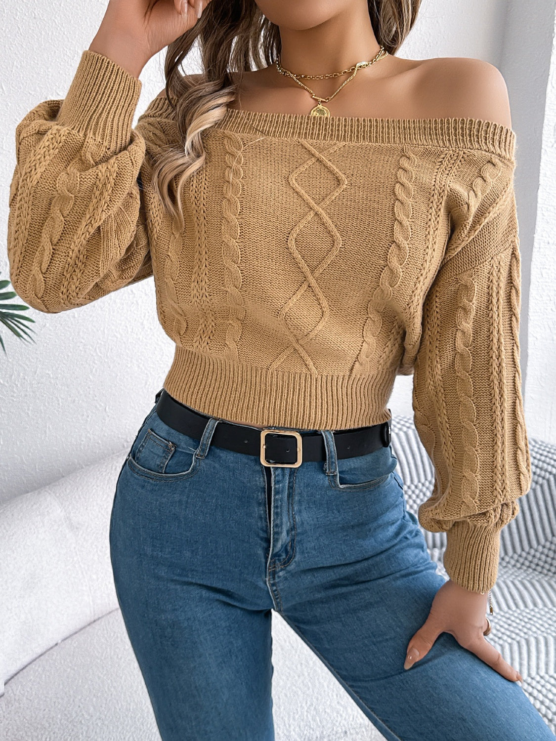 Cable Knit Off-Shoulder Sweater - Cozy Long Sleeve