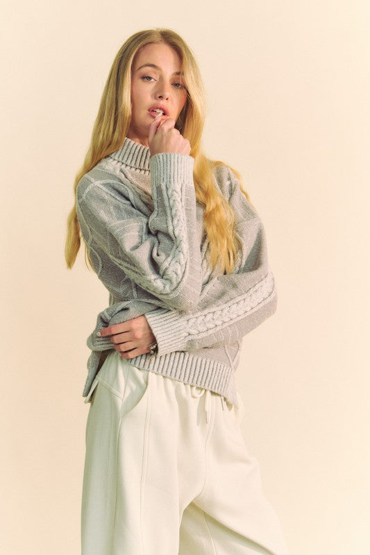 Gray Cable-Knit Turtleneck Dropped Shoulder Sweater