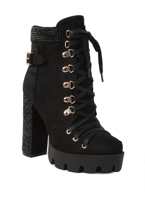 Birch Diamante Set Block Heeled Ankle Biker Bootie