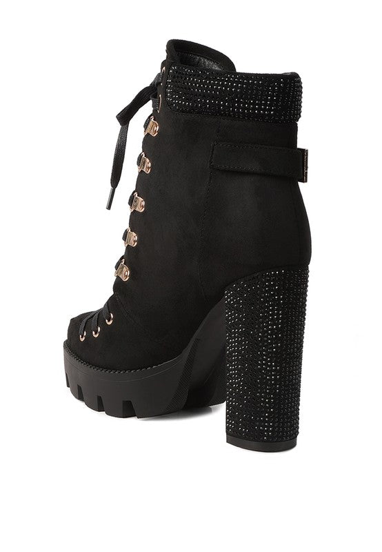 Birch Diamante Set Block Heeled Ankle Biker Bootie