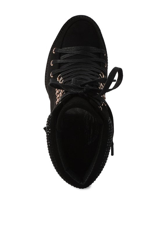 Birch Diamante Set Block Heeled Ankle Biker Bootie