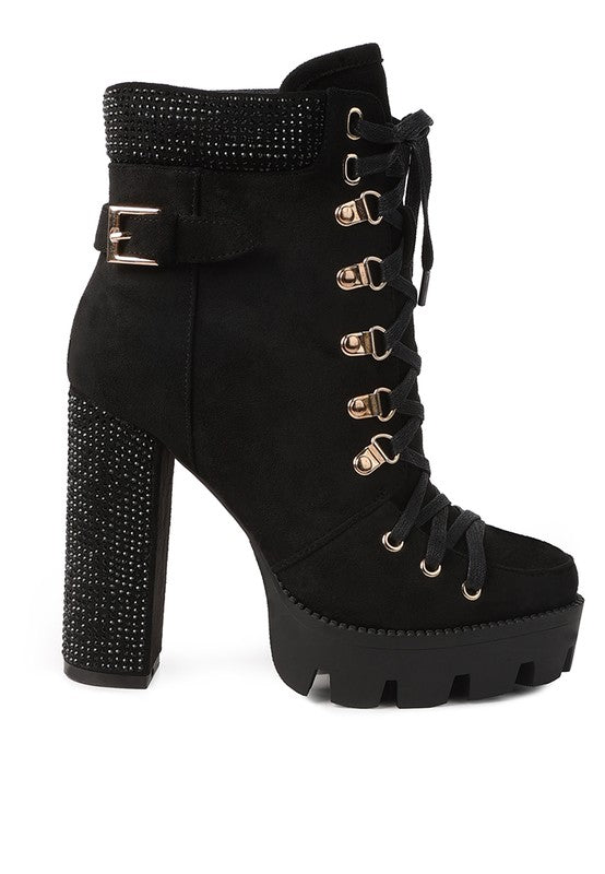 Birch Diamante Set Block Heeled Ankle Biker Bootie