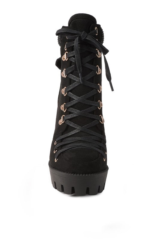 Birch Diamante Set Block Heeled Ankle Biker Bootie