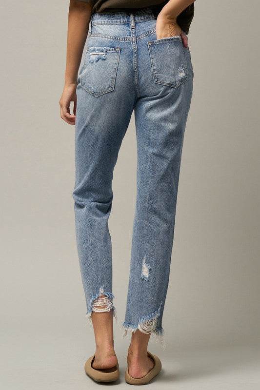 High-Rise Premium Cropped Straight Jeans with Ripped Details - Fashions Envy