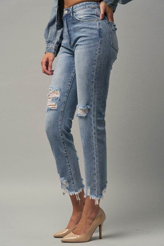 High-Rise Premium Cropped Straight Jeans with Ripped Details - Fashions Envy