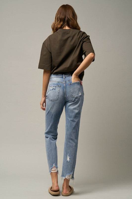 High-Rise Premium Cropped Straight Jeans with Ripped Details - Fashions Envy
