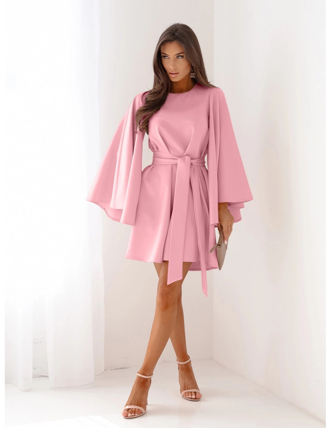 Autumn Mini Dress - Flared Sleeve Lace-Up Round Neck