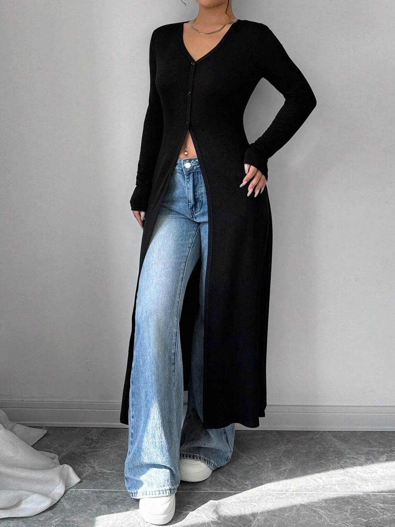 V-Neck Button-Front Longline Cardigan - Long Sweater with Slits - Fashions Envy
