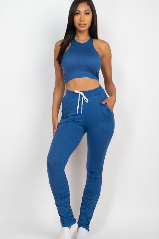 High Stretch Crop Top & Ruched Drawstring Pants Set
