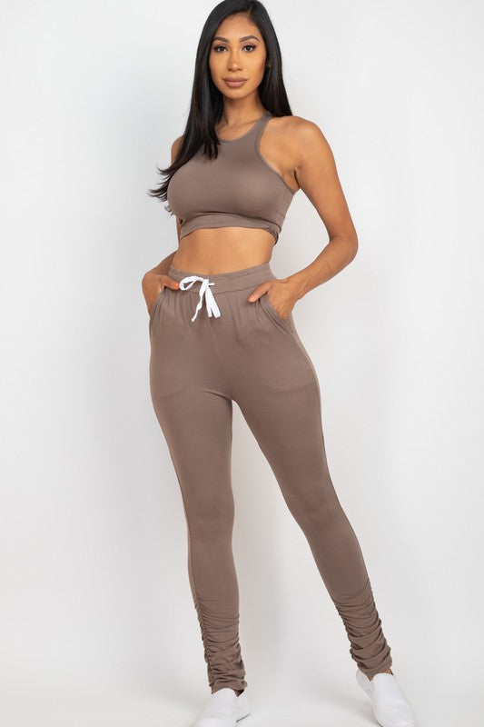 High Stretch Crop Top & Ruched Drawstring Pants Set