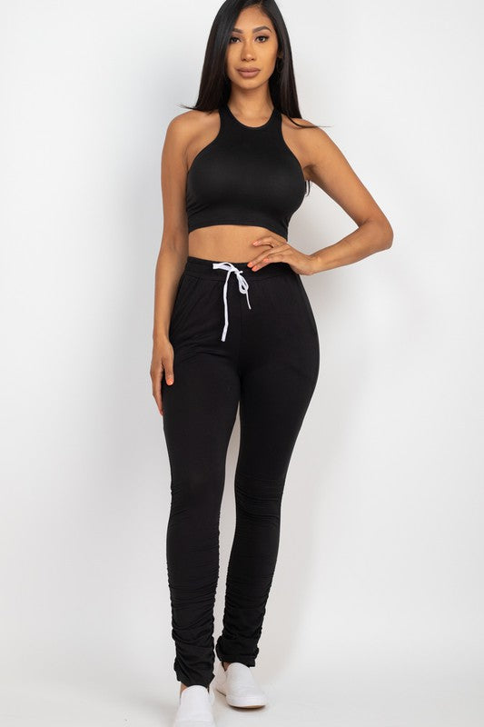 High Stretch Crop Top & Ruched Drawstring Pants Set