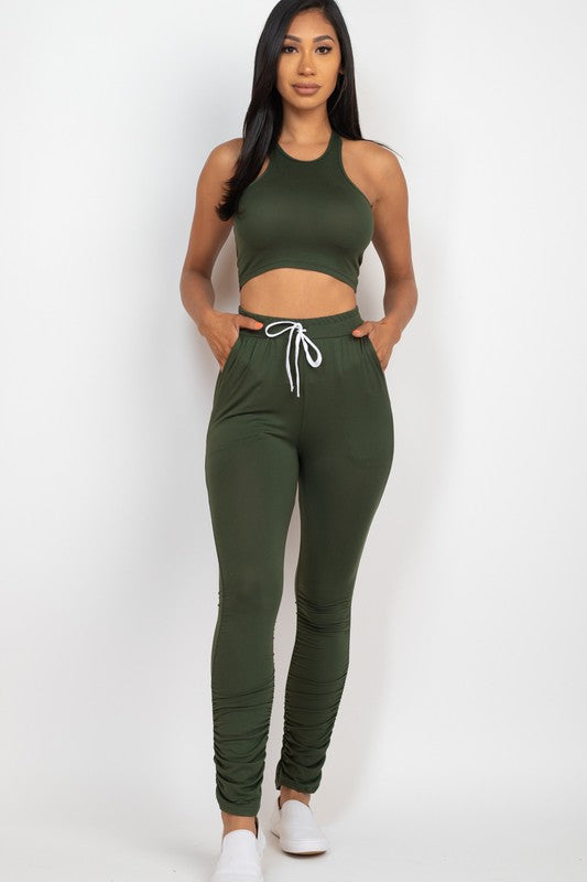 High Stretch Crop Top & Ruched Drawstring Pants Set