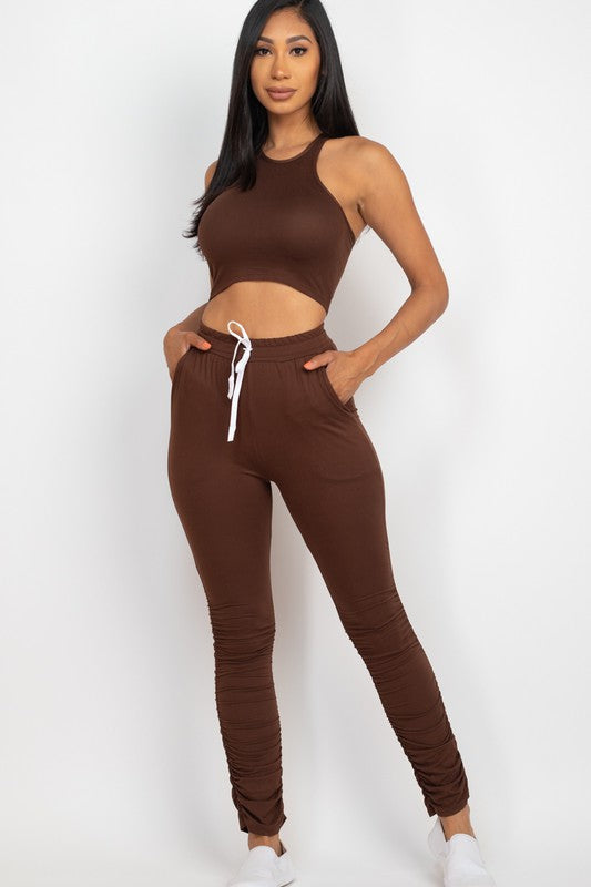 High Stretch Crop Top & Ruched Drawstring Pants Set