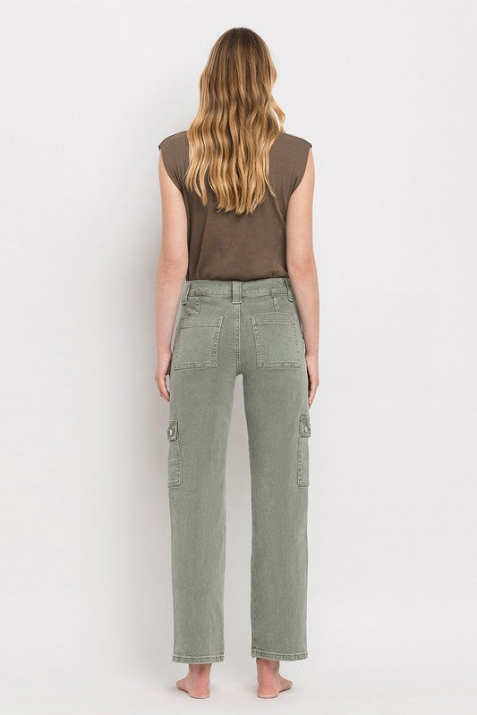 Army Green High Rise Cargo Straight Jeans
