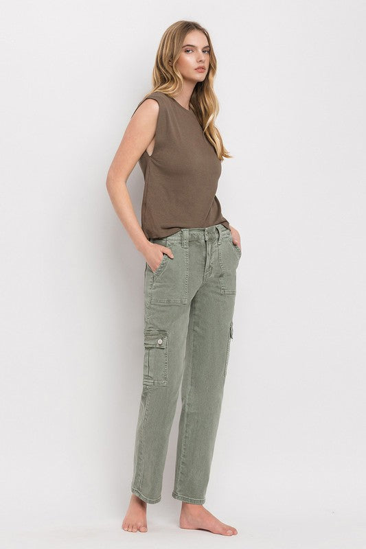 Army Green High Rise Cargo Straight Jeans