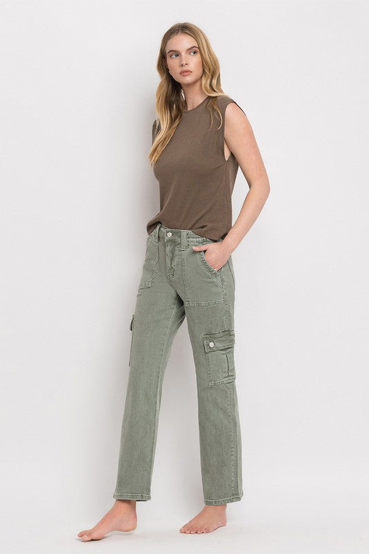 Army Green High Rise Cargo Straight Jeans
