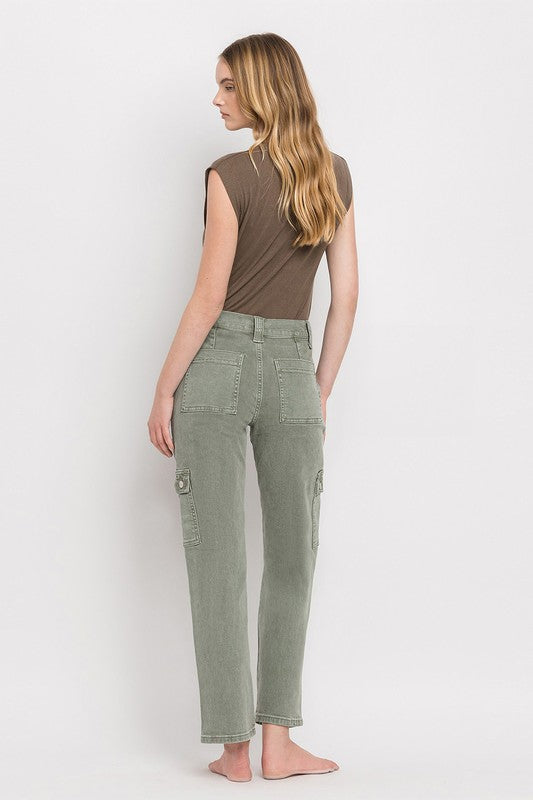 Army Green High Rise Cargo Straight Jeans