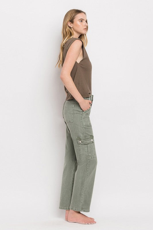 Army Green High Rise Cargo Straight Jeans