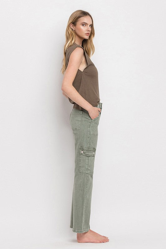 Army Green High Rise Cargo Straight Jeans