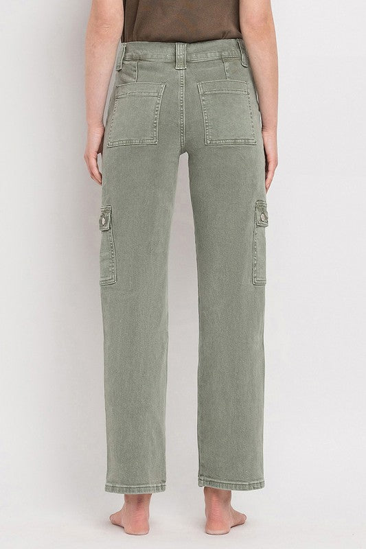 Army Green High Rise Cargo Straight Jeans
