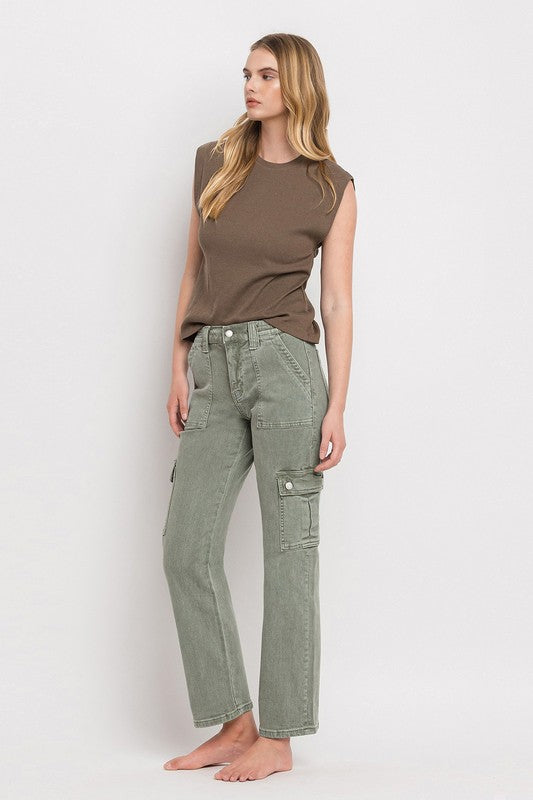 Army Green High Rise Cargo Straight Jeans