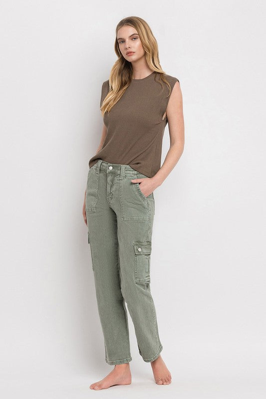 Army Green High Rise Cargo Straight Jeans
